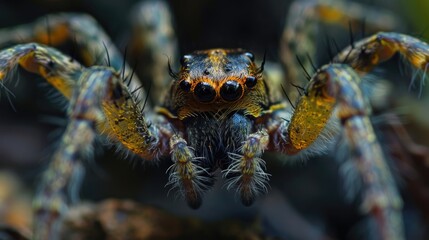 A close-up of a spider with a dark background. The spider has yellow and black markings on its body and is covered in hair.