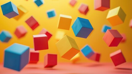 Obraz premium 3D rendering of colorful cubes floating in the air against a yellow background.