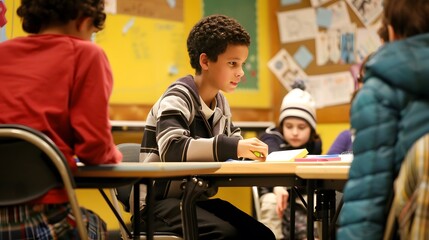 Young students engaged in a classroom activity, learning and collaborating on a colorful project.