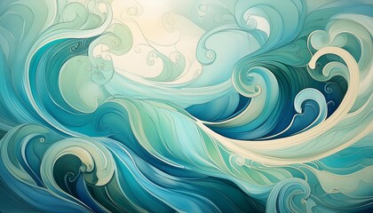Abstract depiction of swirling ocean waves in shades of blue and green, evoking a sense of movement, tranquility, and the power of nature. Ideal for backgrounds, textures, and artistic compositions. 