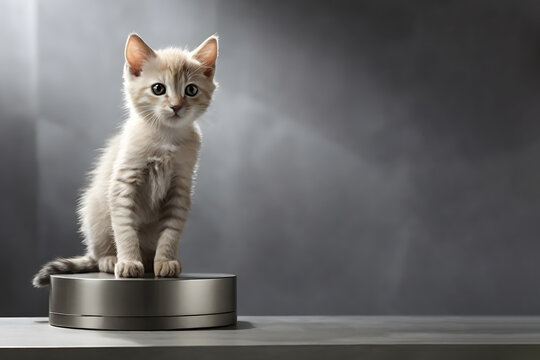 A cute cat stands confidently on a metal block with a forward gaze against a dark backdrop, with copy space. Ideal for cats and pet-related content.