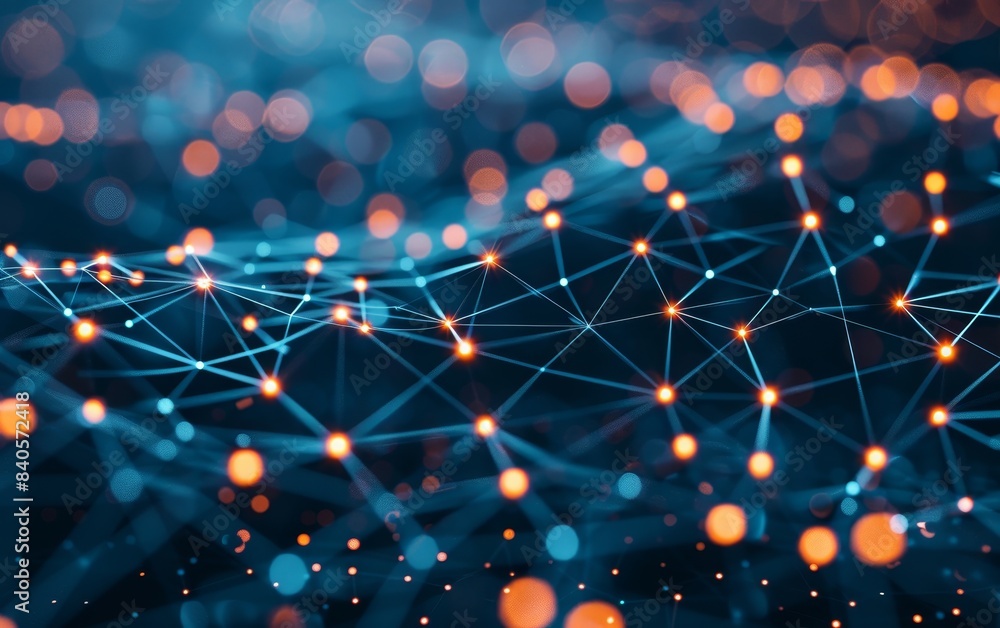 Aufkleber abstract network representation with blue and orange light dots, showcasing a complex, interconnecte