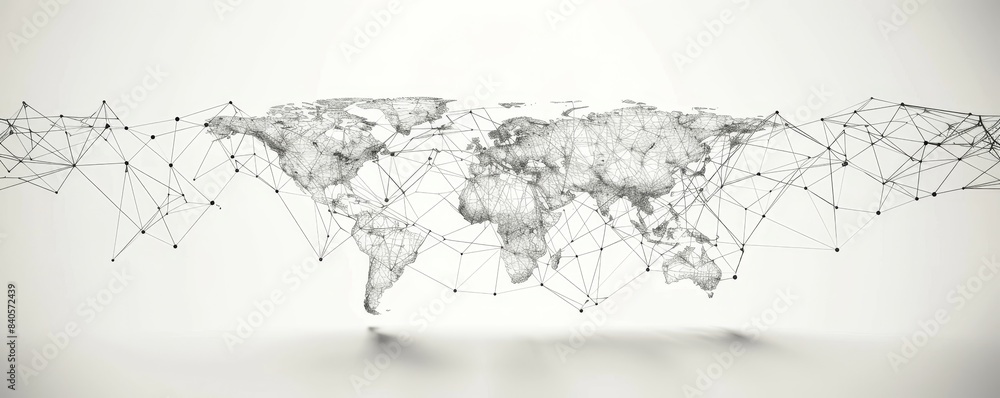 Poster Abstract world map with interconnected nodes on a white background, representing global communication and connection.