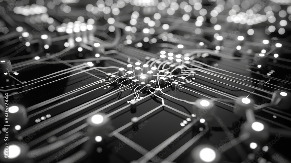 Aufkleber Black and white close-up of an illuminated computer circuit board showcasing intricate and interconnected electronic paths.