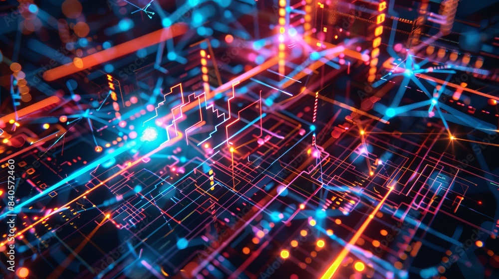Poster abstract representation of a digital circuit board with glowing lines, connections, and technologica