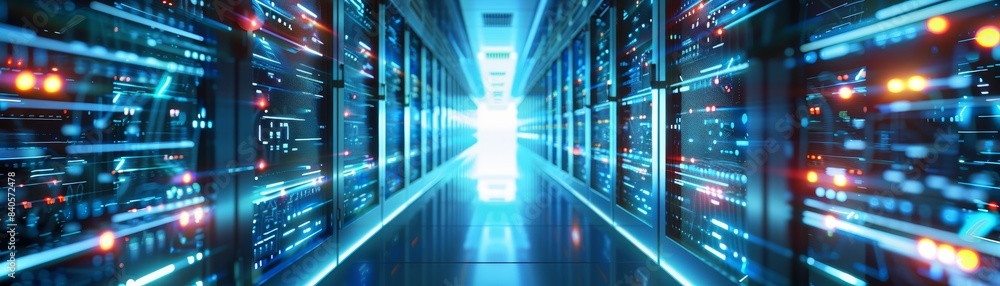 Leinwandbilder bright futuristic server room with rows of glowing computer racks and blue light, representing techn