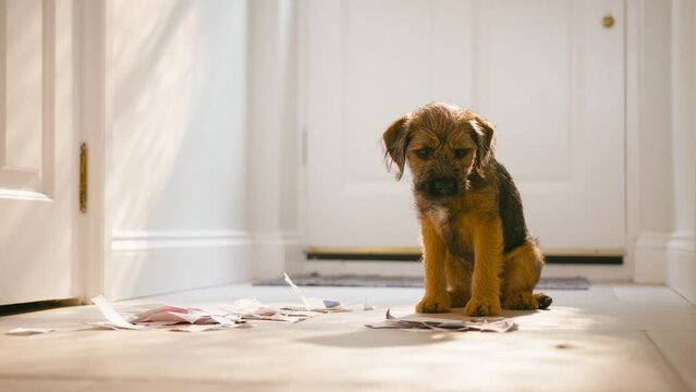 Badly behaved border terrier puppy ripping up letters in hallway of home - shot in slow motion