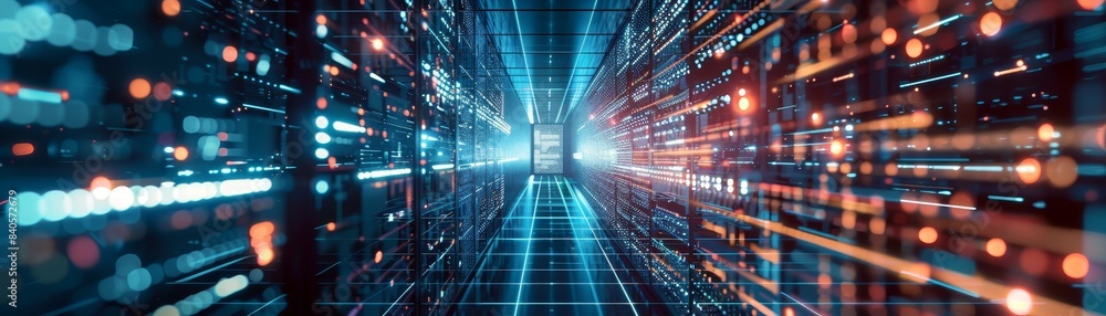 Leinwandbilder Futuristic digital data center with glowing lights, representing high-speed network communication and technological innovation.