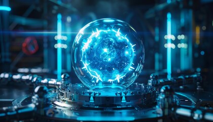 Futuristic blue glowing orb in a high-tech laboratory surrounded by advanced equipment and neon lights. Sci-fi concept.