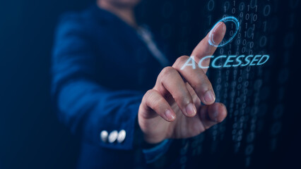 Secure Login Authentication Displayed on Virtual Screen as Businessman's Hand Touches Fingerprint Scan, Illustrating Successful Access and System Unlock