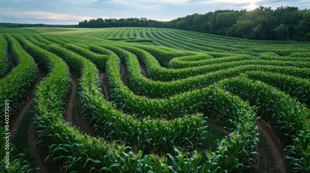 Wall mural An aerial view of a corn field with curved rows.