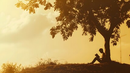 Silhouette of a person reading under a tree during a beautiful golden sunset
