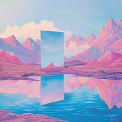 Surreal landscape with pink mountains, a mirror reflecting the sky, and a calm lake, creating a dreamlike and artistic scene.