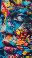 A skewed angle view of a fragmented mind portrayed in street art style with vibrant colors and surreal elements