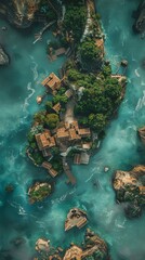 A mesmerizing birds-eye view of a fantasy world where blockchain technology influences every detail, captured from unexpected camera angles