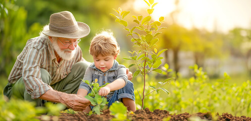 Grandfather with his grandson plants a tree sapling in the garden. Sunshine background with copy space. Male kid, boy working together with his grandpa in the farm. Plant growing