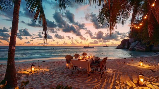 romantic private beach dinner setup at sunset couples table with wine and candles idyllic tropical vacation scene