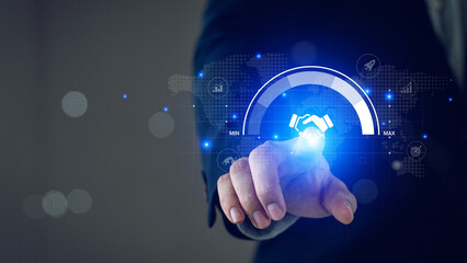 Trusted partner. Trustworthy collaboration, company or contract. Confidence to work together. Businessman turning knob to highest trust levels. Build trust in business and finance relationships.