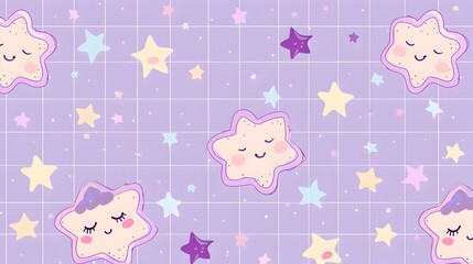 Pastel Celestial Grid Pattern with Cute Kawaii Style Stars