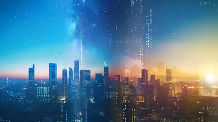 Fototapeta premium Glowing Cityscape Transitioning from Sunset to Starry Night Sky