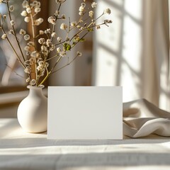 Minimalistic greeting card mockup on a table with a vase and flowers, perfect for presenting designs in a bright, cozy setting.