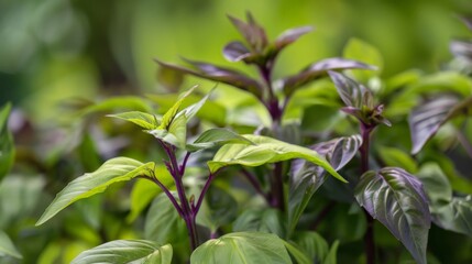 Thai sweet basil leaves with a focus on their distinctive purple stems