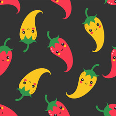 chilli pepper with cute face, spicy jalapeno chilly, vector seamless pattern on black background