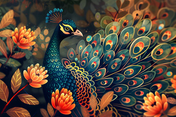 Naklejka premium Beautiful Peacock Colorful Illustration. Intricate Details, Children's Book Illustration Style. Created with Generative AI