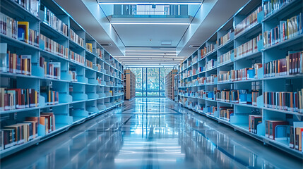 Obraz premium Modern university library with rows of books