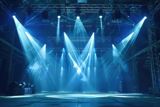 A Live stage production overhead trusses and lighting in a live venue. Stage rigging equipment