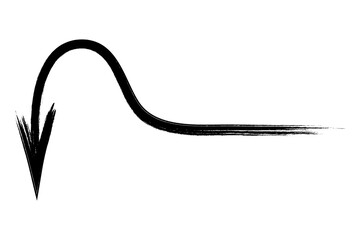 Arrow - hook. Sketch. Arrow direction is left, around and down. Hand drawn sign. Vector illustration. Directional signs made from brush strokes. Outline on isolated white background. Grunge style.