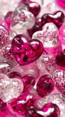 A Valentine's Day theme background with pink and red hearts, sparkles, and shiny glass beads