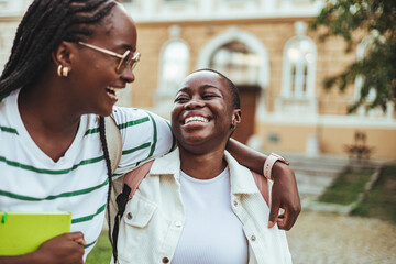 Two cheerful black female students share a laugh outside an educational building, with one wearing...