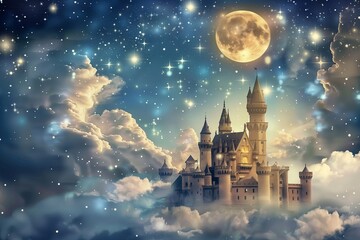 A fairy-tale castle on a cloud, a flying cloud of stars and clouds