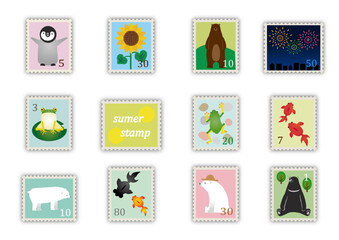 かわいい夏の切手風イラストセット