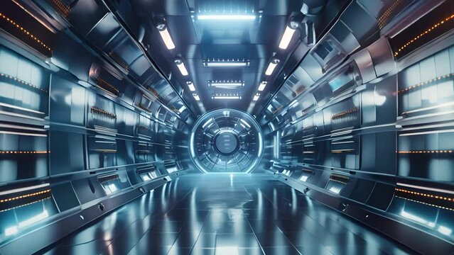 A sleek, illuminated high-tech tunnel with metallic walls and advanced equipment, showcasing a futuristic and innovative technological environment.