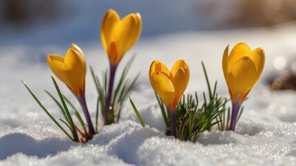 Blurred background with first spring flowers of yellow crocus on snow in nature in sunlight macro close-up