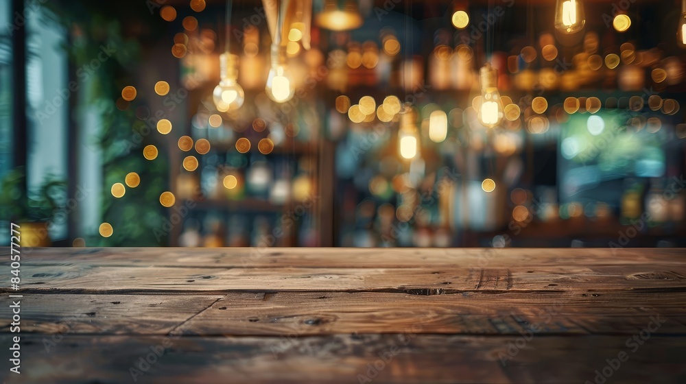 Wall mural rustic wooden bar counter blurred bottles soft bokeh lights cozy atmosphere abstract photography