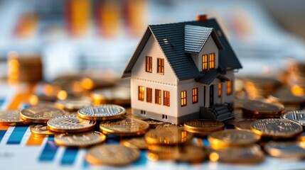 A model of a tiny white house sits atop of coins, with a digital growth bar graph holographically displayed in the background