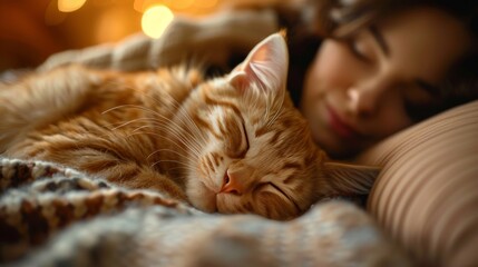 Generate an image of a sleeping pet snuggled up with its owner