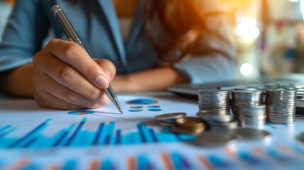Obraz premium Woman Hand Writing Detailed Financial Plan with Overlay of Graphs and Coins