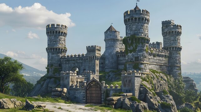 Fairy tale castle with turrets and a scenic view of rolling hills in the distance