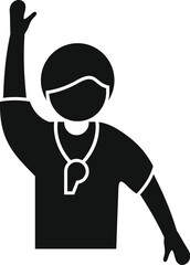 Black and white vector icon of a referee with a whistle gesturing a call