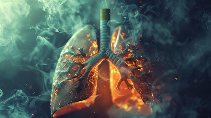 The harms of smoking, cigarette smoke, the lung exposed to cigarette smoke, Skull
