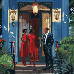 Elegant Couple Welcoming Guest at Doorway