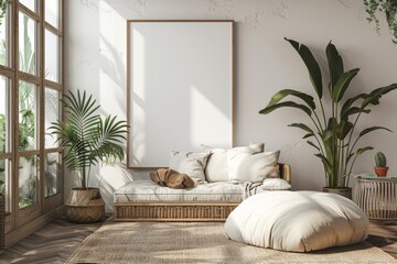 Poster frame mockup in minimalist brown interior created with generative ai