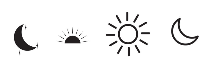 Time of the day  Rising and setting sun, crescent moon and stars, day and night time symbols. Vector illustration