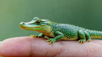 Naklejka premium Tiny crocodile sitting on top of finger, macro shot, in style of fantasy realism, miniature, on green blurred background. Cute animal. Close-up. Copy space.