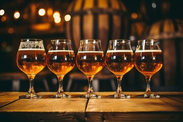 A closeup of several glasses of beer on a wooden table
