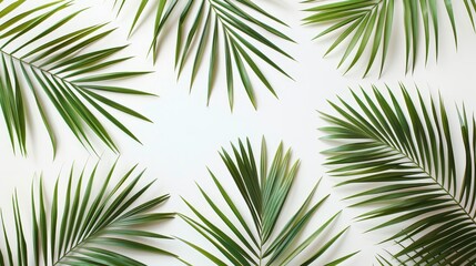 Green palm leaves in a simple pattern on white background, vibrant and minimalistic Great for fresh and clean design visuals